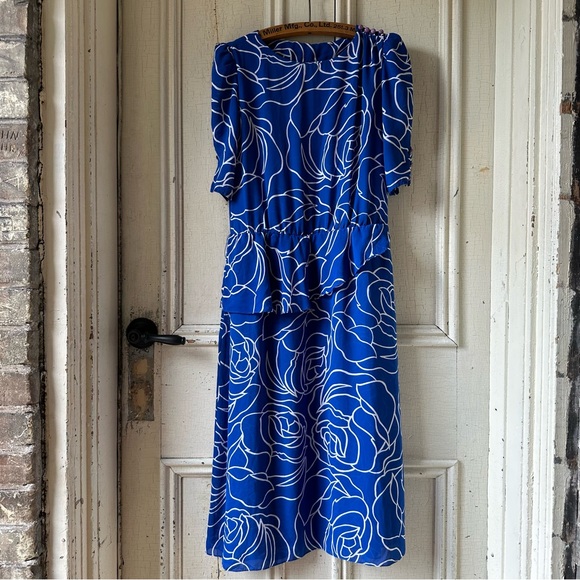 -VINTAGE COBALT FLORAL DRESS- - Picture 2 of 6